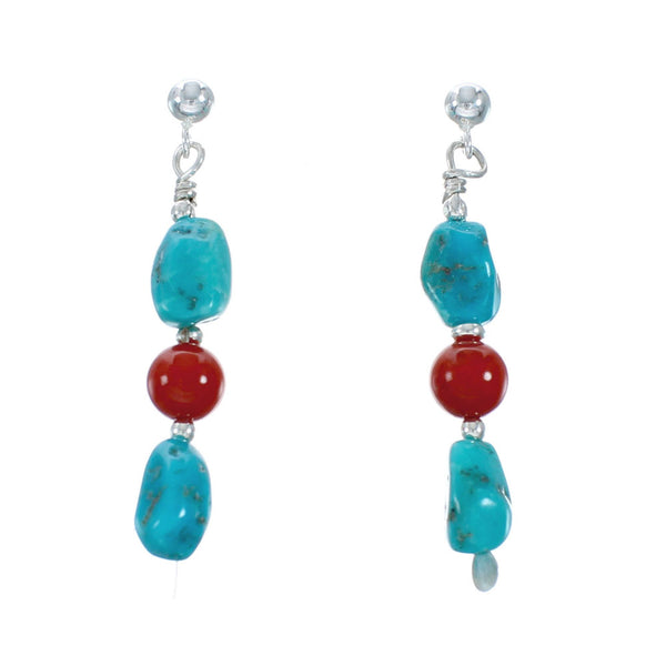 Navajo Turquoise And Coral Sterling Silver Bead Post Dangle Earrings X11359